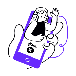 Illustration of a hand holding a mobile phone, with a person emerging from the phone, waving